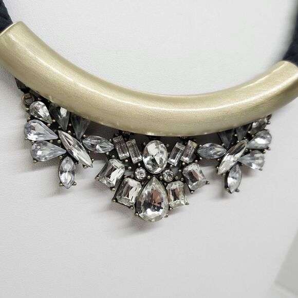 ANN TAYLOR Loft‎ Black Braided Cord Clear Rhinestone Brushed Gold Tone Necklace1 - Picture 3 of 4